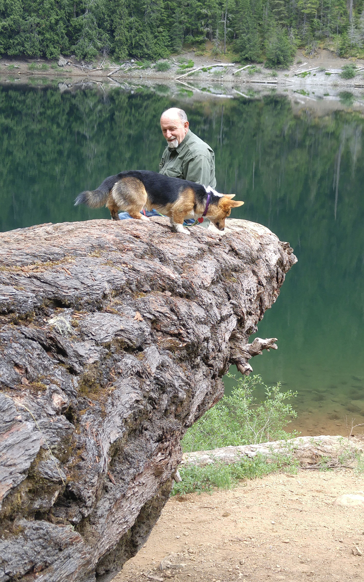 Kebab and Bill on a tree jutting out over Lena Lake